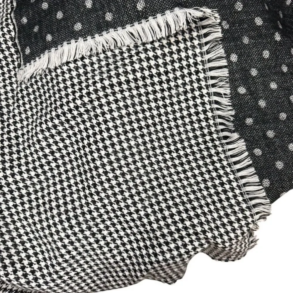 J Crew Reversible Wide Wrap Scarf Houndstooth Polka Dot Black Warm Winter